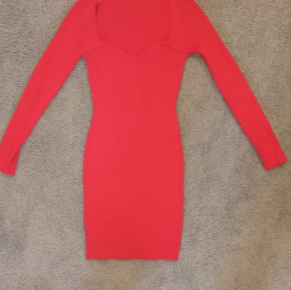 NWT Vintage Cherry Red Ribbed Cardi Knit Sweetheart Neck Miini Dress Y2K sz L